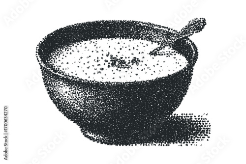 Stippled bowl of soup with spoon image. Vector hand drawn illustration