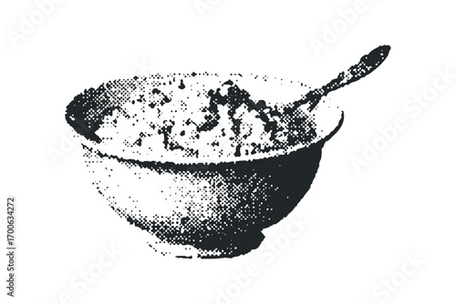 Halftone Grainy Bowl with Spoon Isolated on White. Vector hand drawn illustration