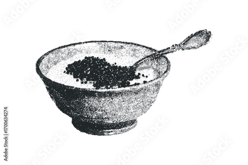 Halftone dot bowl filled with dark caviar and spoon. Vector hand drawn illustration