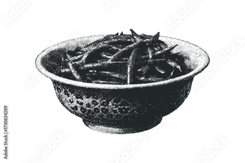 Black and white halftone texture of a bowl filled with uncooked beans. Vector hand drawn illustration