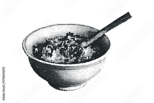 Halftone dot art illustration of a bowl of porridge with a spoon. Vector hand drawn illustration