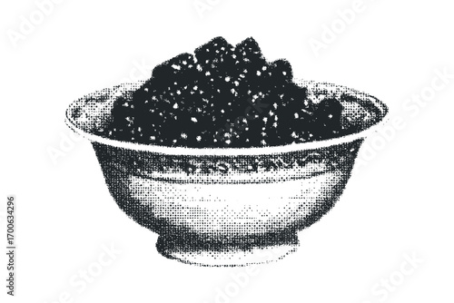 Black caviar piled high in a decorative serving dish on transparent background. Vector hand drawn illustration