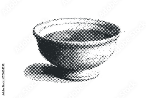Halftone effect ceramic bowl on transparent background. Vector hand drawn illustration