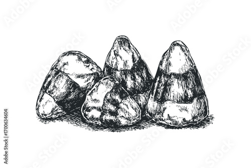 Group of four hand drawn rock formations on transparent background. Vector hand drawn illustration