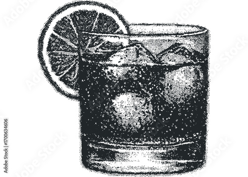 Monochromatic illustration of a cocktail with ice and a citrus slice. Vector hand drawn illustration