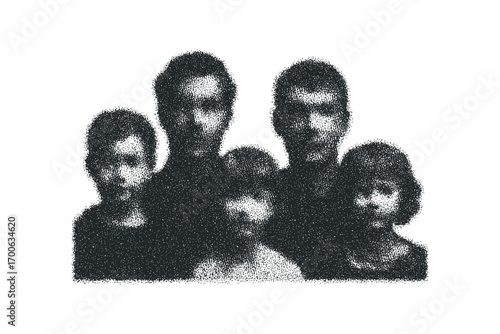 Family portrait created with dot art technique on transparent background. Vector hand drawn illustration