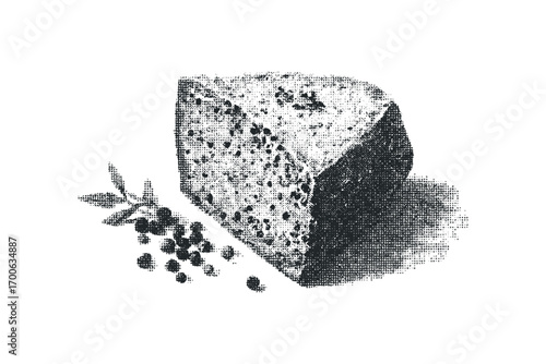 Halftone dot texture cheese wedge with peppercorns and herb. Vector hand drawn illustration