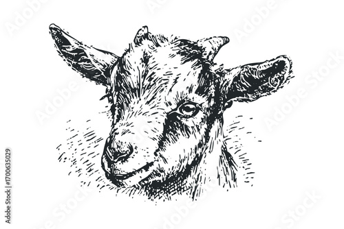 Sketch of a young goat's head on transparent background. Vector hand drawn illustration