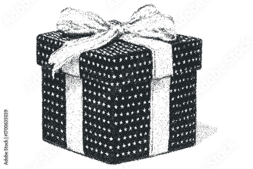 Gift box with stars and ribbon. Vector hand drawn illustration