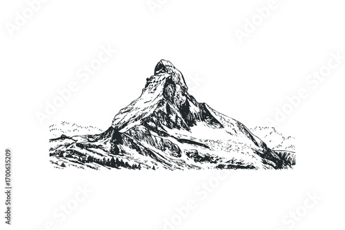 Sketch of a snow-covered mountain peak with rugged terrain. Vector hand drawn illustration