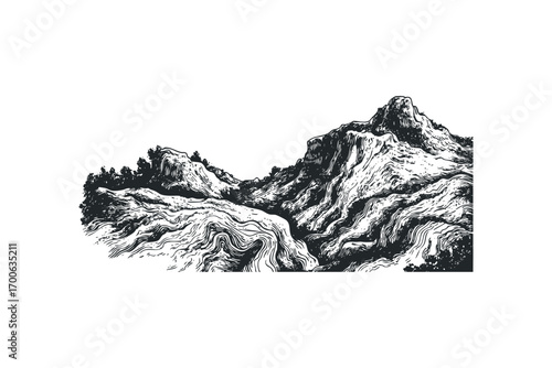 Detailed Engraved Landscape of Rugged Mountain Peaks with Trees. Vector hand drawn illustration