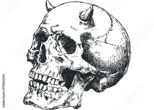 Detailed line art of a demonic skull with horns on a transparent background. Vector hand drawn illustration