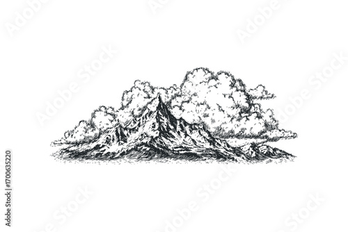 Pencil sketch of rugged mountains with dramatic clouds. Vector hand drawn illustration