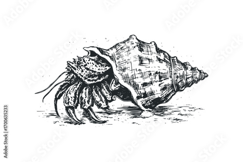 Hermit crab in a spiral shell on a sandy surface image. Vector hand drawn illustration