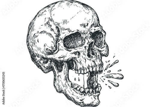 Hand Drawn Skull With Open Jaw Spraying Liquid Image. Vector hand drawn illustration