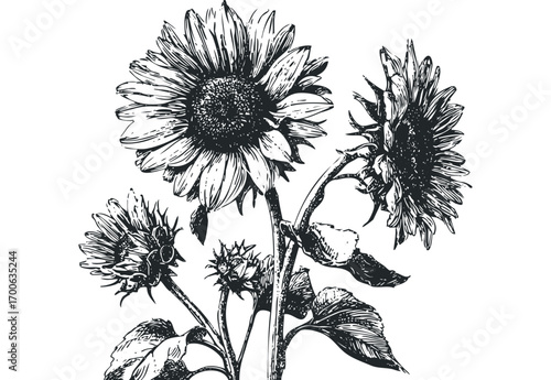 Hand drawn sketch of sunflowers with petals and leaves on transparent background. Vector hand drawn illustration