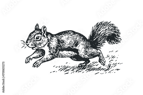 Line art squirrel running on grassy texture transparent. Vector hand drawn illustration