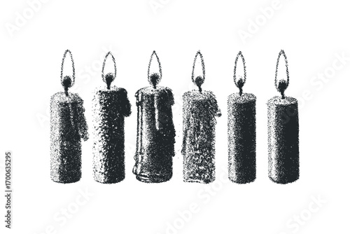 Six lit taper candles with dripping wax, with transparent background. Vector hand drawn illustration