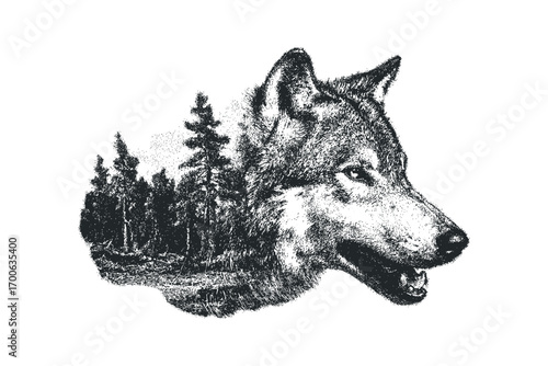 Detailed wolf head profile integrated with a dense forest and river. Vector hand drawn illustration