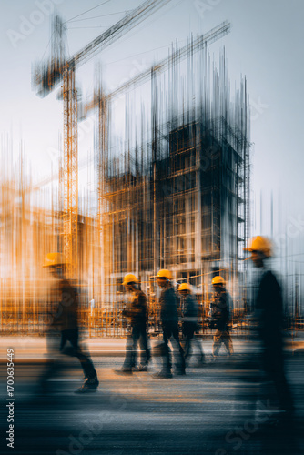 Motion blurred image of the movement of people who are engineers and construction workers in a construction area. AI generate.