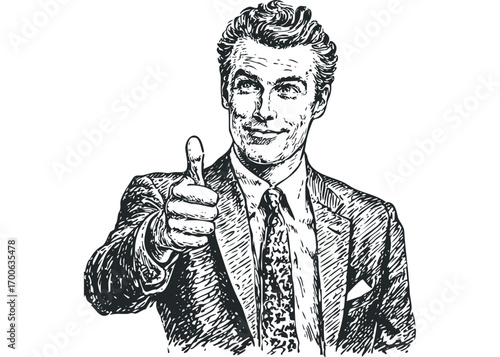 Man giving thumbs up gesture with transparent background. Vector hand drawn illustration