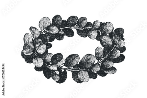 Circular wreath composed of stippled leaves on transparent. Vector hand drawn illustration