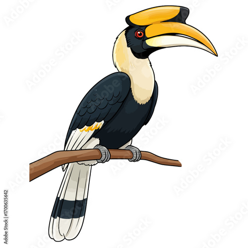 Great Indian Hornbill Vector Illustration Icon on Branch, Unique Bird, Asian Forest Wildlife, Colorful Beak and Casque
