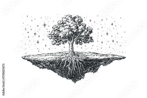 Floating island with ancient tree and deep roots against starry sky. Vector hand drawn illustration
