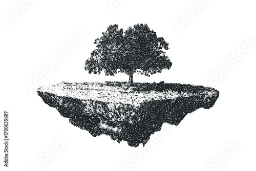 Isolated Floating Island With Tree Graphic. Vector hand drawn illustration