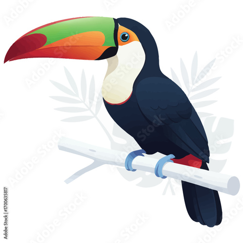 Keel-billed Toucan Vector Illustration Icon on Branch, Ramphastos Sulfuratus, Tropical Bird, Colorful Beak, Rain Forest Wildlife