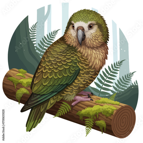 Kakapo Icon Vector Illustration on Tree Stump, Green Parrot, Owl Parrot, Flightless Bird, New Zealand Endangered Species