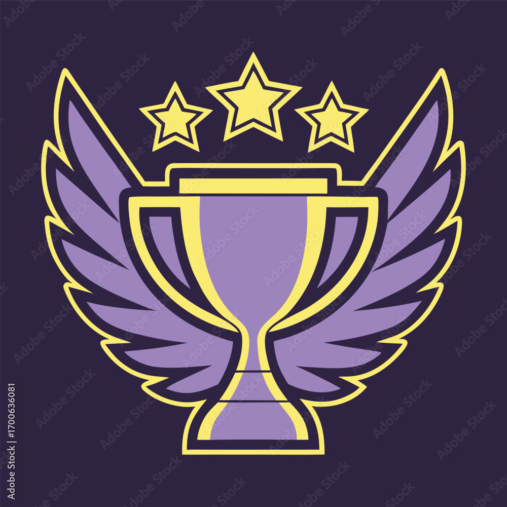 Obraz premium Illustration of a winged trophy cup with stars on a dark purple background for graphic design and decoration purposes