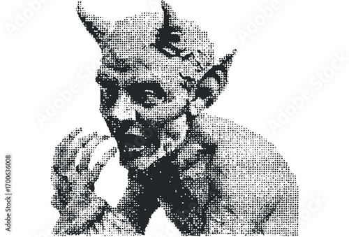 Demonic Portrait Halftone Image on Transparent Background. Vector hand drawn illustration