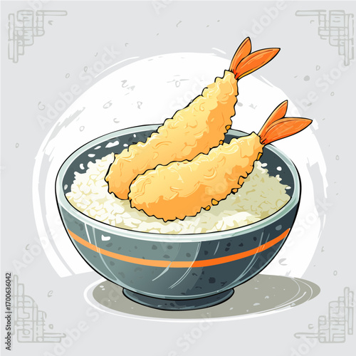 Tempura Shrimp Rice Bowl Vector — Japanese Fried Prawn Donburi Illustration