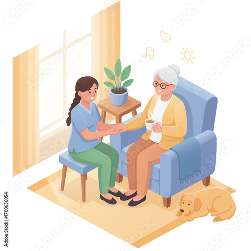 Isometric vector illustration of a caregiver providing mood support for seniors at home, a scene of care and companionship