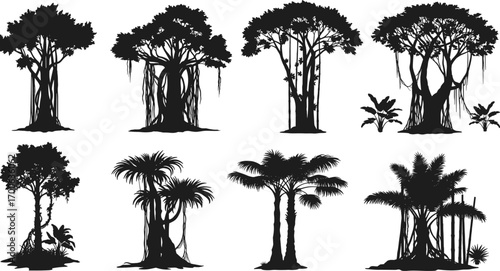 Wallpaper Mural Silhouette tropical trees, banyan trees, palm trees, jungle vegetation, nature landscape, exotic forest, tropical plants, wild flora, isolated black trees. Torontodigital.ca