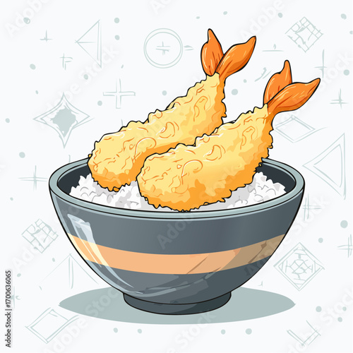 Tempura Shrimp Rice Bowl Vector Illustration — Japanese Food Cartoon Design