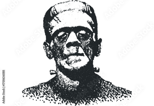Gritty portrait of Frankenstein's monster face. Vector hand drawn illustration