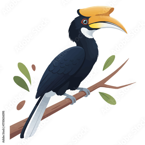 Detailed illustration of a Narcondam Hornbill perched on a branch, a colorful and tropical vector bird