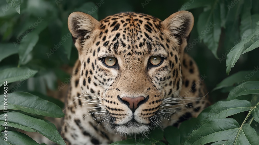 Naklejka premium Majestic Leopard Surrounded by Lush Greenery, Capturing Nature's Beauty in a Close-Up Perspective of This Wild Big Cat's Lifelike Expression