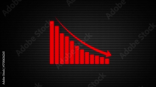 Bar chart for declining business performance by month. The red statistical curve shows a downward move .chart graph animation, red arrow is making downfall on a grid background.