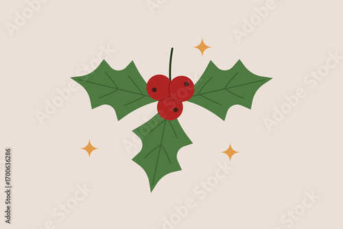 Christmas holly with green leaves and red berries decorated with golden sparkles on beige background, festive seasonal ornament. Flat vector illustration
