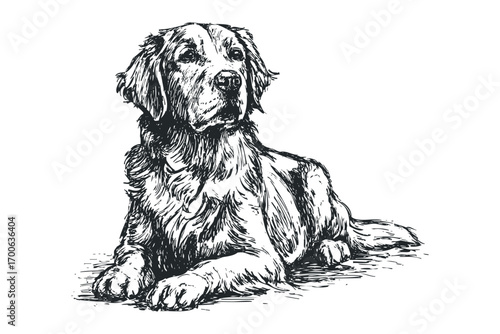 Hand drawn sketch of a golden retriever dog lying down. Vector hand drawn illustration