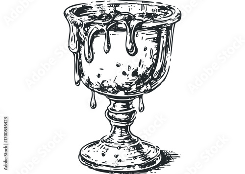 Hand drawn vintage chalice with dripping liquid. Vector hand drawn illustration