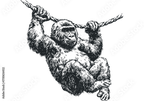 Gorilla hangs on rope sketch image. Vector hand drawn illustration
