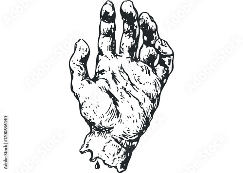 Sketch of a decaying human hand with dripping liquid. Vector hand drawn illustration