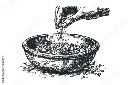 Hand sprinkling peppercorns into a wooden bowl. Vector hand drawn illustration