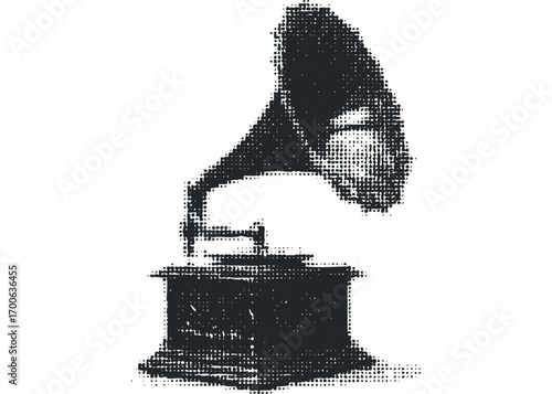 Vintage phonograph on transparent background with halftone dots. Vector hand drawn illustration