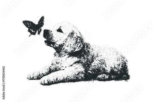 Puppy observing a butterfly on transparent background,. Vector hand drawn illustration