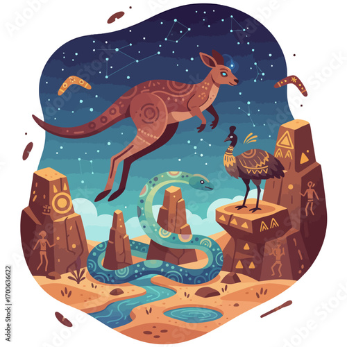corroboree illustration.aiAustralian dreamtime legend illustration with kangaroo, emu, and snake in a surreal landscape